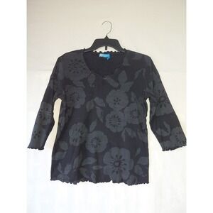 Fresh Produce Black Grey Floral 3/4 Sleeve Tee Large 14/16 EUC